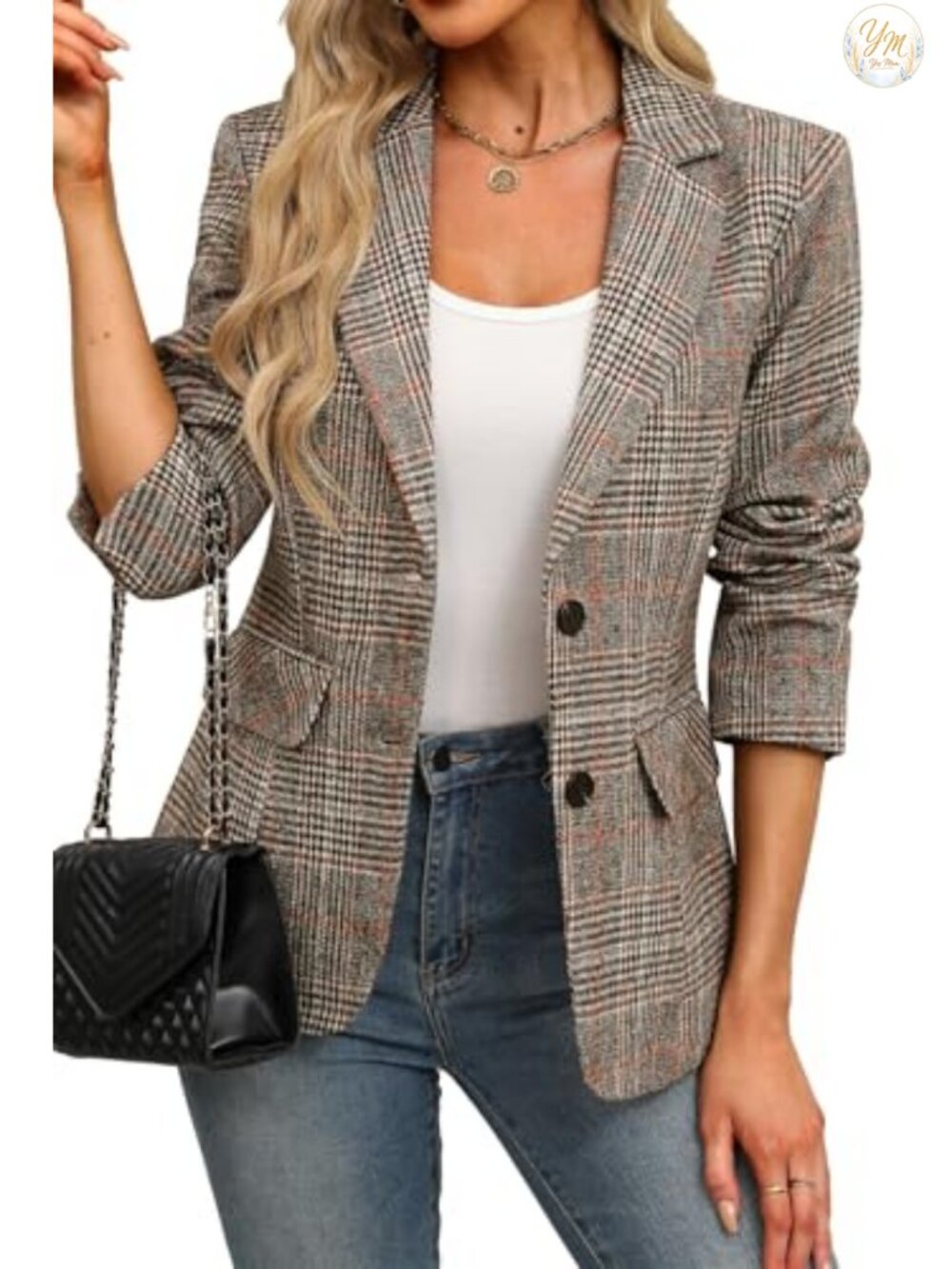 Women's Plaid Blazer Business Casual Notch Lapel Button Office Suit Jacket